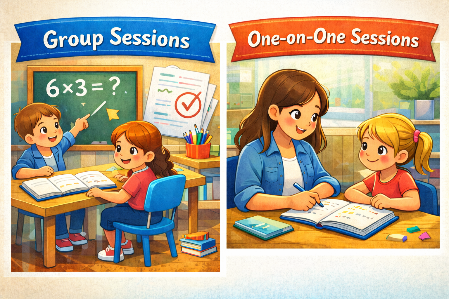 Group sessions and one-to-one maths tutoring illustration